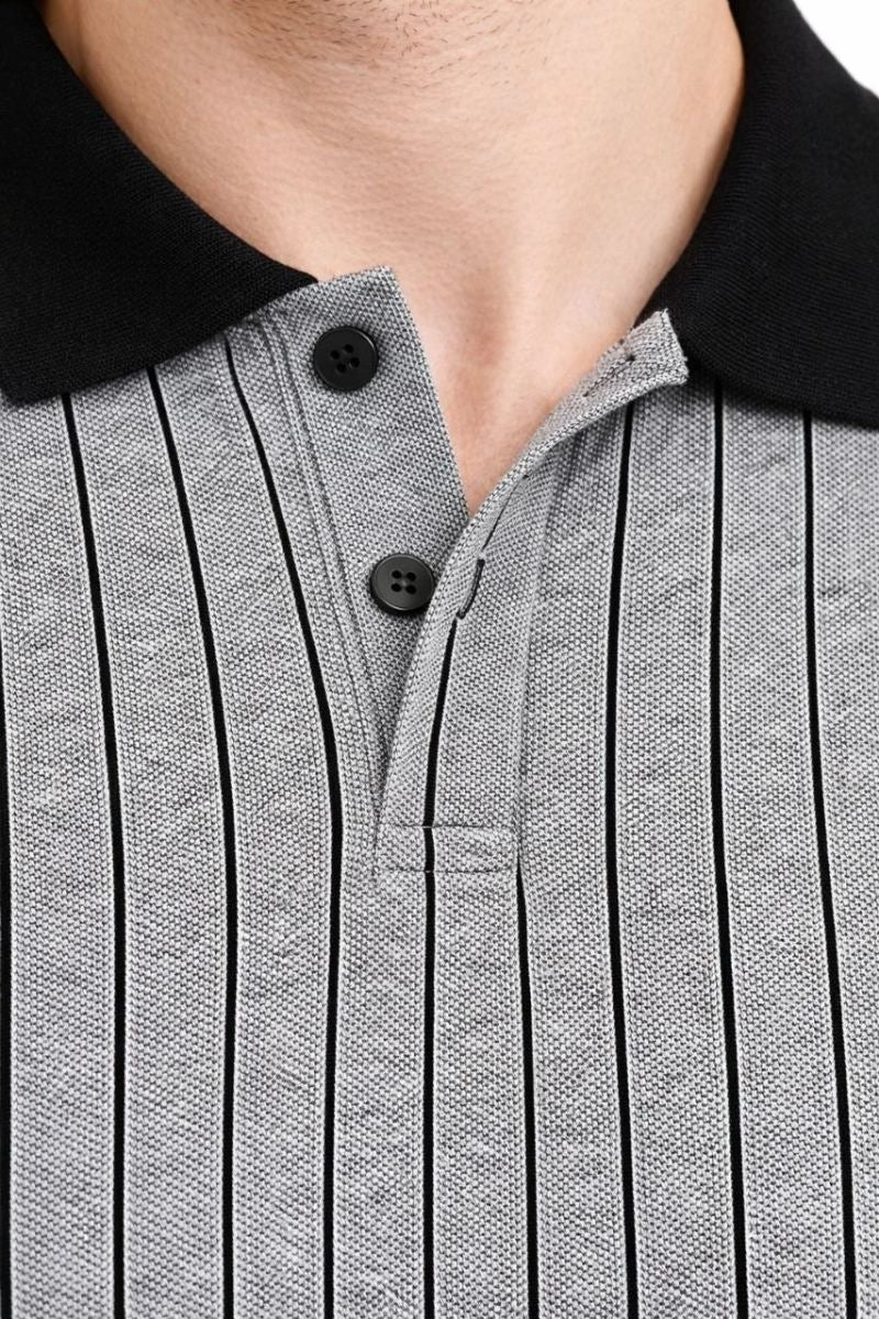 Erkek Polo Yaka Çizgili Tişört Kısa Kol Düğmeli Yazlık T-Shirt - Gri