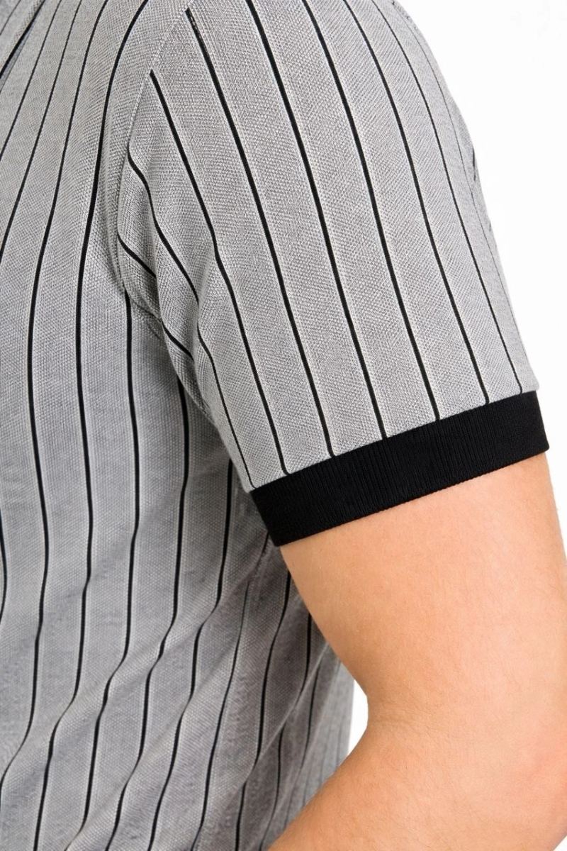 Erkek Polo Yaka Çizgili Tişört Kısa Kol Düğmeli Yazlık T-Shirt - Gri