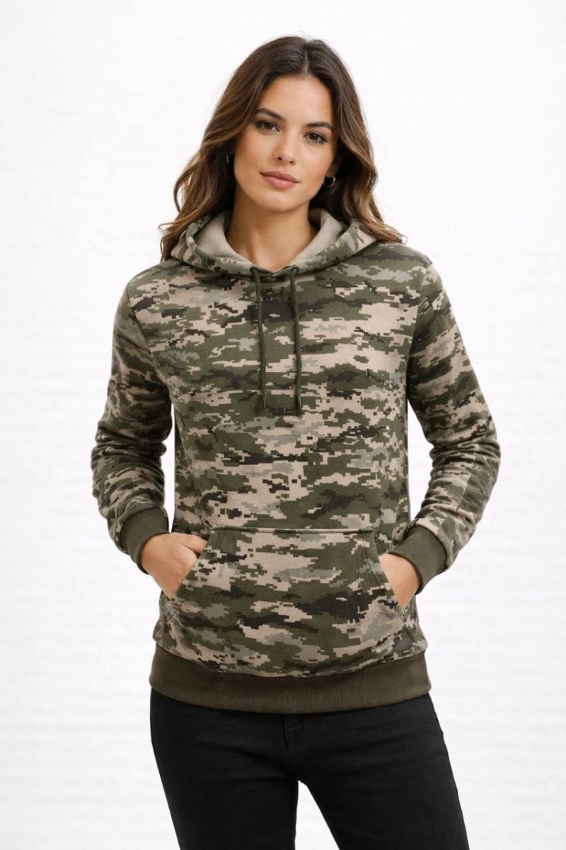 Kadın Kamuflaj Desenli 2 İplik 4 Mevsim Kapüşonlu Kanguru Cepli Hoodie Sweatshirt - Kamuflaj