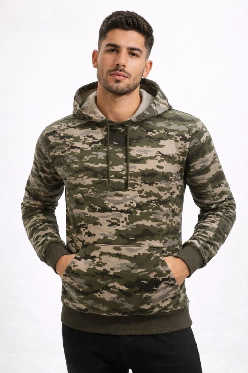 Erkek Kamuflaj Desenli 2 İplik 4 Mevsim Kapüşonlu Kanguru Cepli Hoodie Sweatshirt - Kamuflaj
