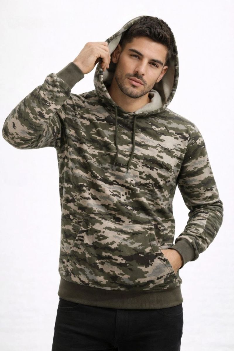 Erkek Kamuflaj Desenli 2 İplik 4 Mevsim Kapüşonlu Kanguru Cepli Hoodie Sweatshirt - Kamuflaj