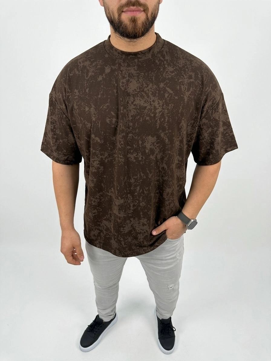Erkek Premium Tişört OSY Yumuşak Dokulu Yıkamalı Oversize T-Shirt - Kahverengi