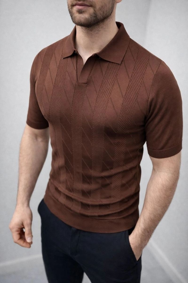 Erkek Yazlık Triko Dokuma Tişört Kısa Kol Polo Yaka T-Shirt - Kahverengi