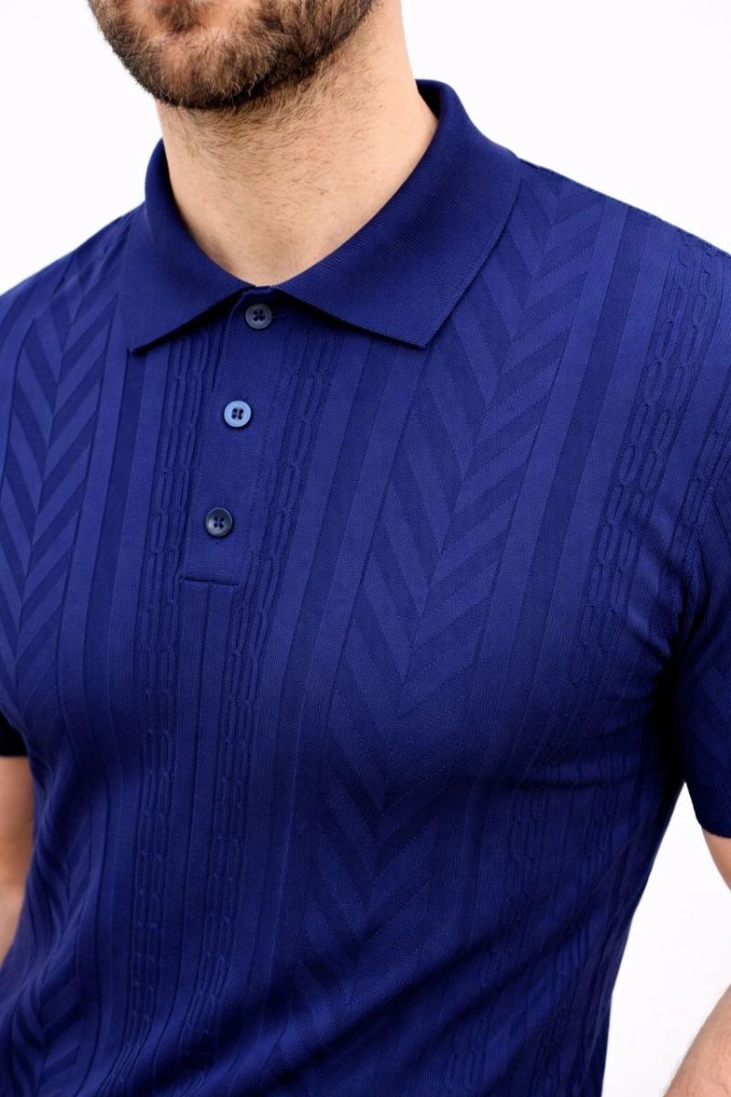 Erkek Yazlık Triko Tişört Kısa Kol Polo Yaka Düğmeli T-Shirt - Lacivert