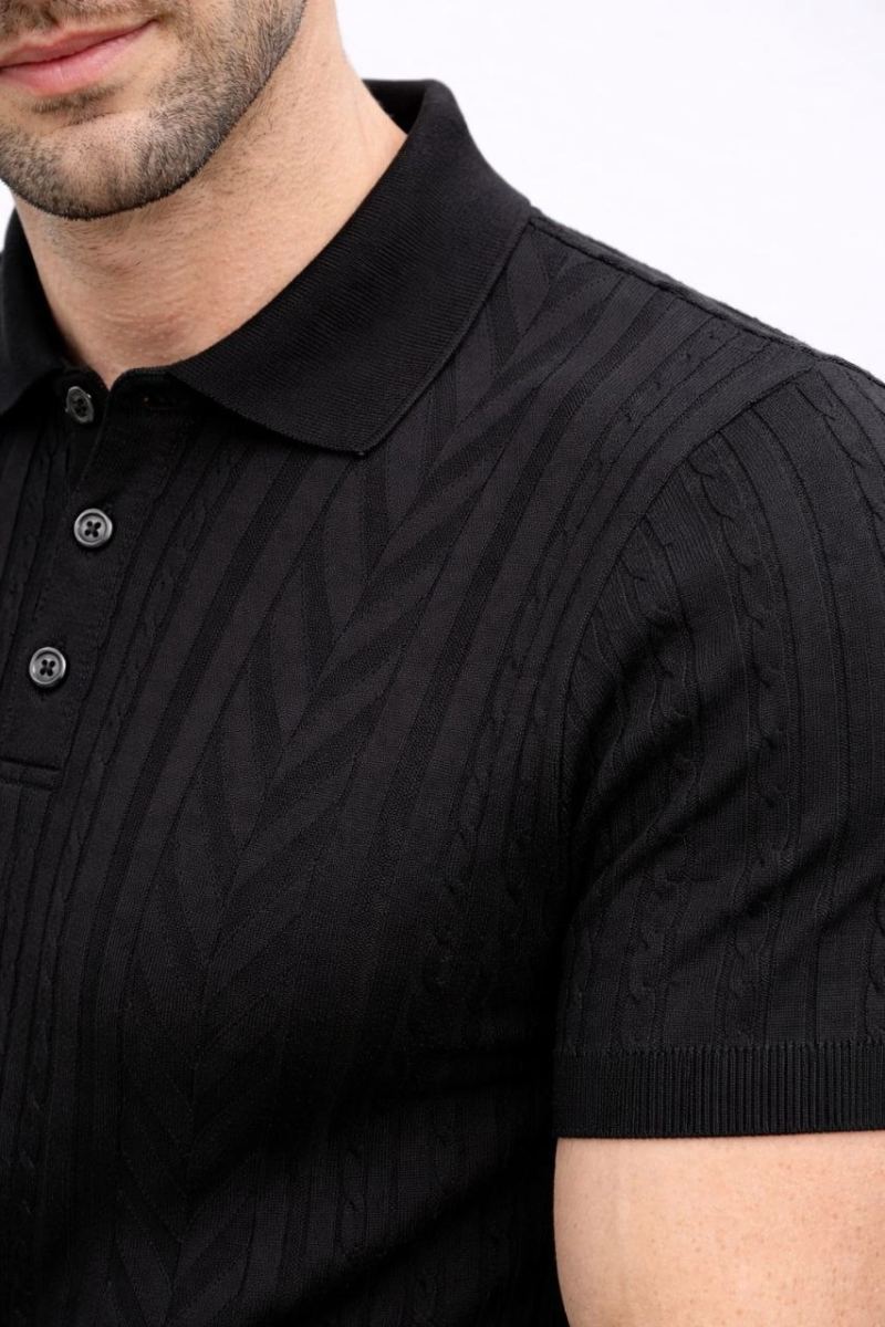 Erkek Yazlık Triko Tişört Kısa Kol Polo Yaka Düğmeli T-Shirt - Siyah