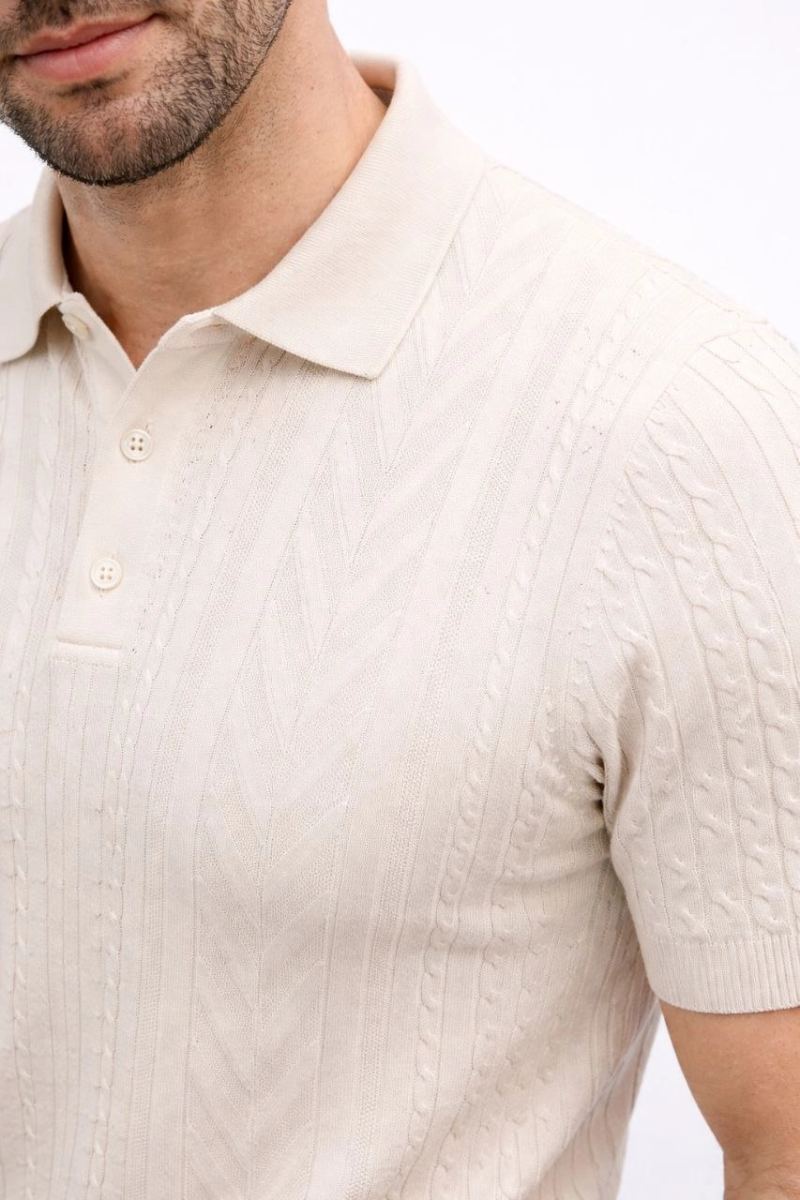 Erkek Yazlık Triko Tişört Kısa Kol Polo Yaka Düğmeli T-Shirt - Krem