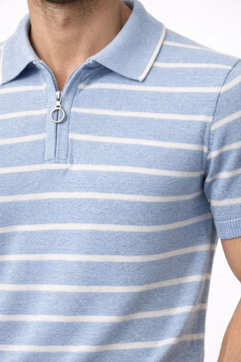 Erkek Triko Polo Yaka Fermuarlı Çizgili Tişört T-Shirt Yazlık Şık - Bebek Mavisi