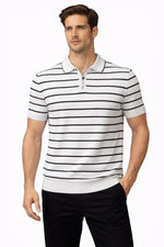 Erkek Triko Polo Yaka Fermuarlı Çizgili Tişört T-Shirt Yazlık Şık - Beyaz
