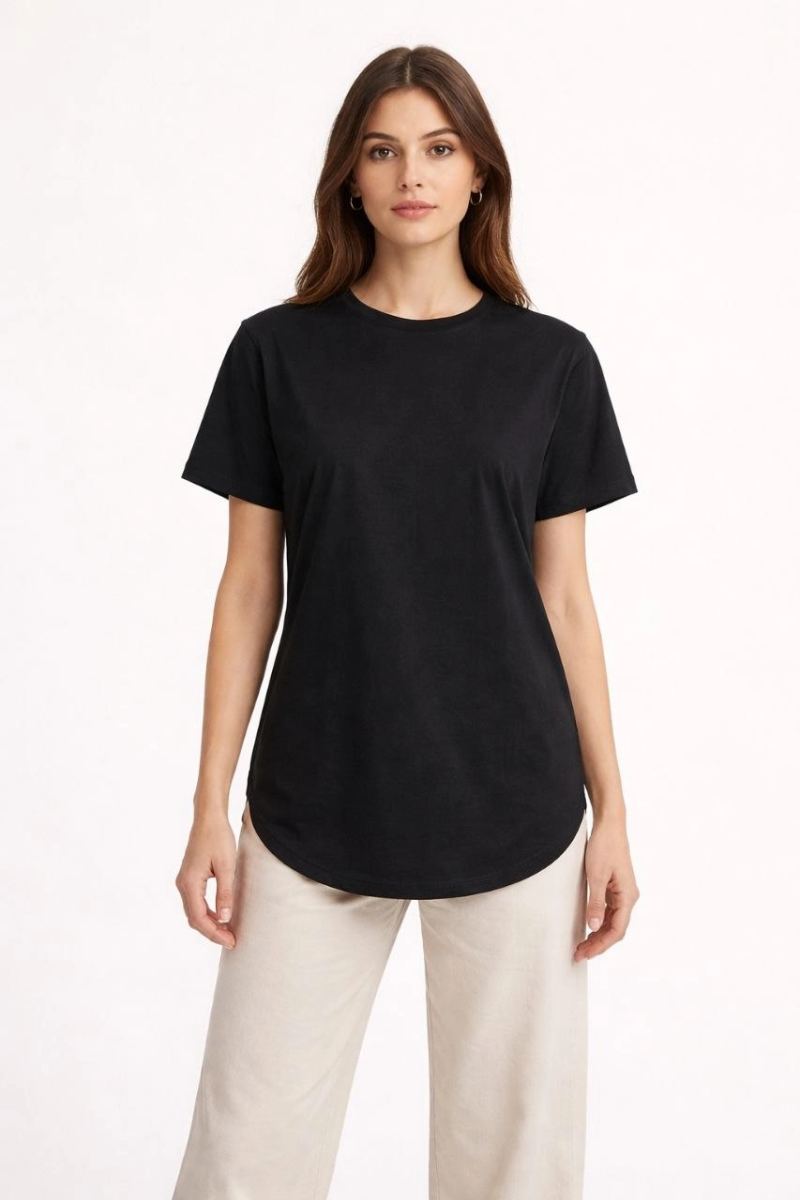 Kadın Basic T-Shirt Kısa Kol Bisiklet Yaka Oval Kesim Tişört - Siyah