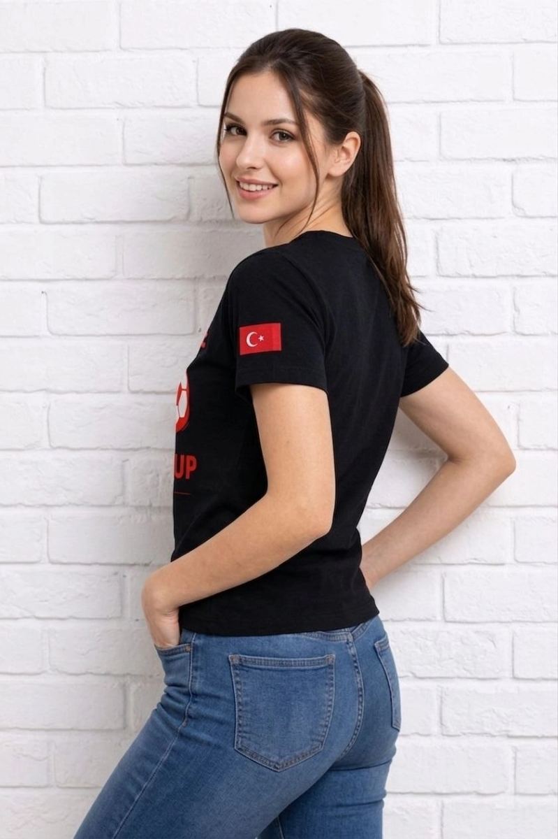 Kadın Türkiye World Cup 2026 Baskılı Tişört Futbol Temalı Forma T-Shirt - Siyah