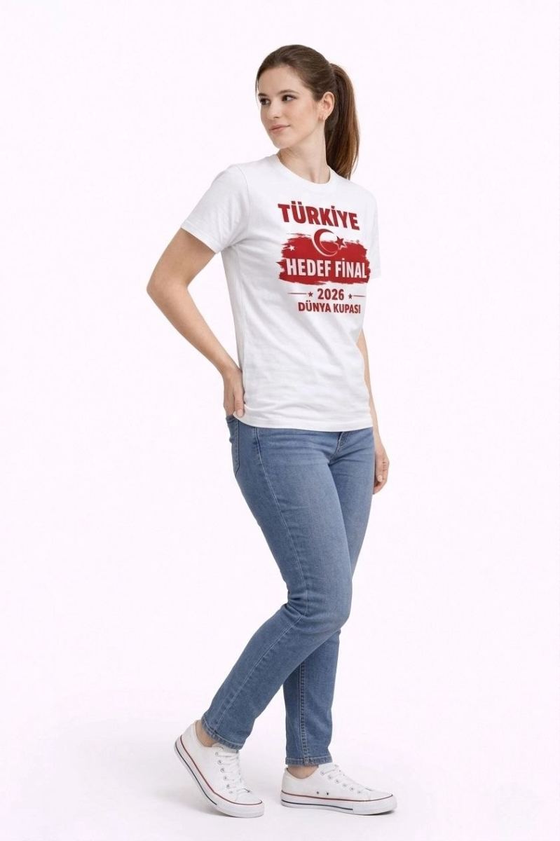 Kadın TÜRKİYE Baskılı Tişört Ay Yıldız 2026 Dünya Kupası Taraftar Forma T-Shirt - Beyaz