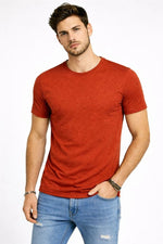 Erkek Flam Kumaş Melanj Dokulu Regular Fit Tişört Bisiklet Yaka Yazlık T-Shirt - Kiremit