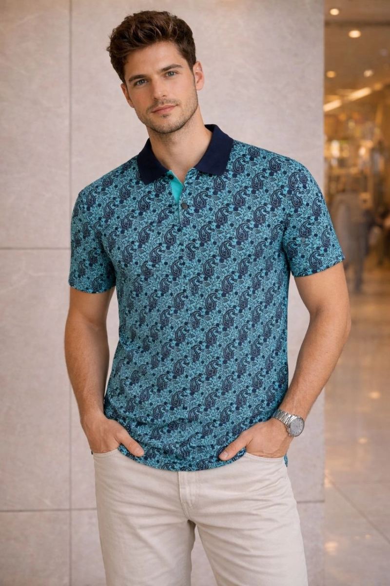Erkek Pike Kumaş Polo Yaka Palmiye Desenli Tişört Kısa Kol Yazlık T-Shirt - Turkuaz