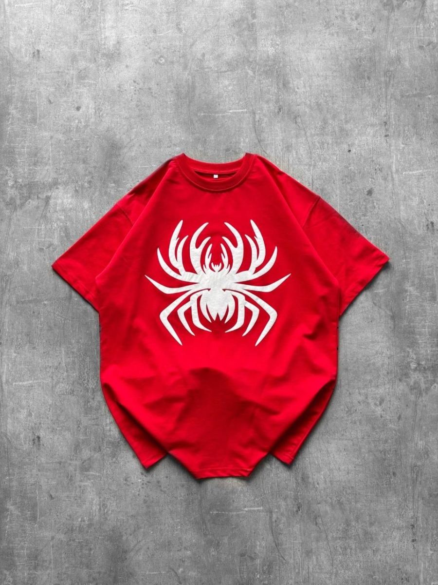 Kadın Örümcek Baskılı Tişört Kısa Kollu Bisiklet Yaka T-Shirt - Kırmızı