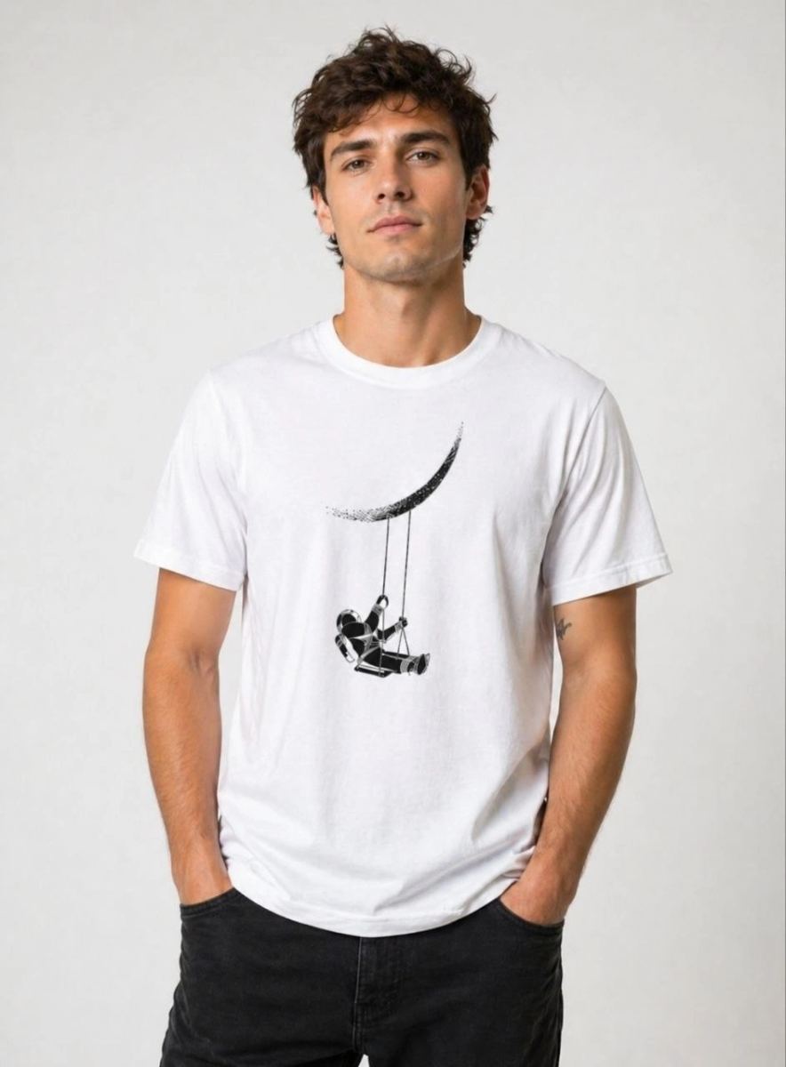 Erkek Astronot Ay Temalı Tişört Kısa Kol Yazlık Bisiklet Yaka T-Shirt - Beyaz