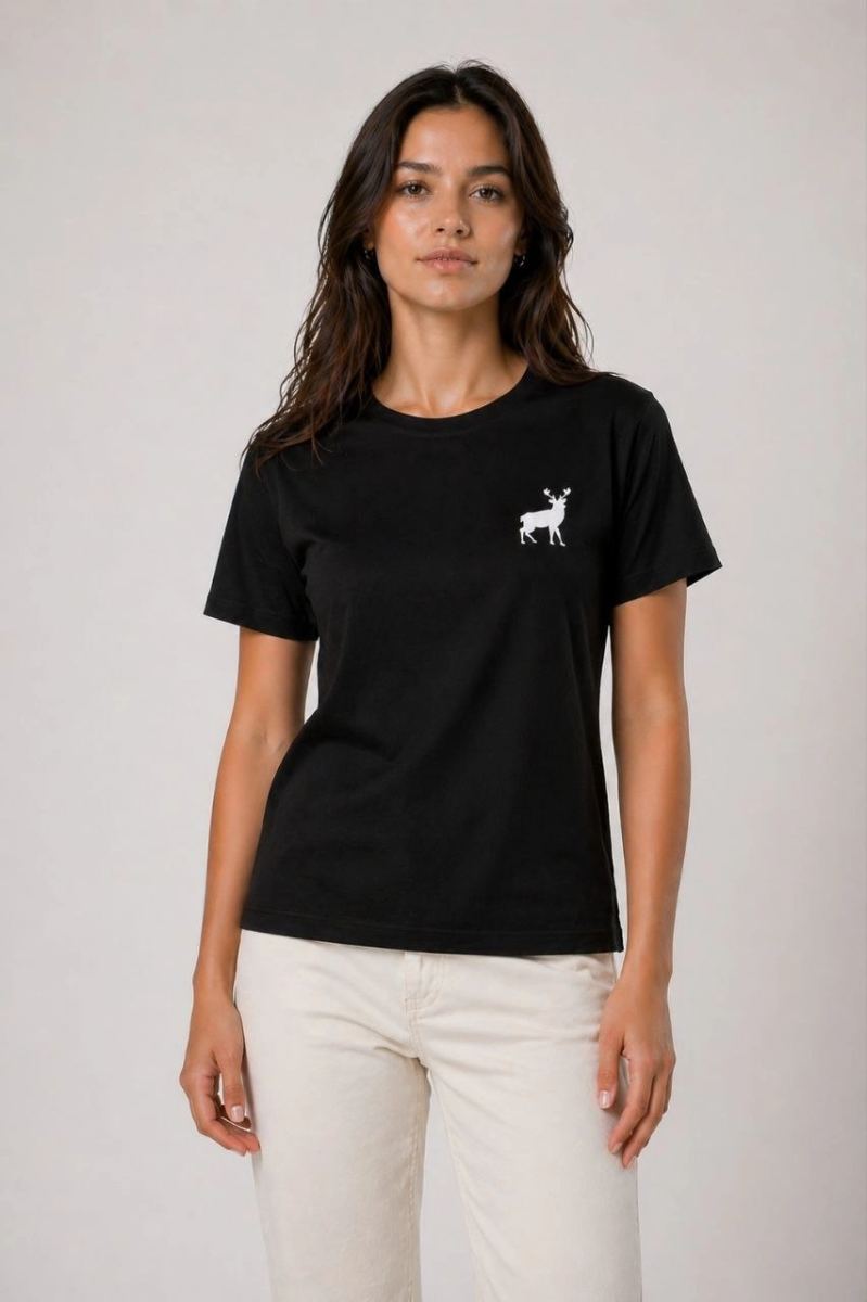 Kadın Minimal Geyik Logolu Tişört Bisiklet Yaka Kısa kol Yazlık T-Shirt - Siyah