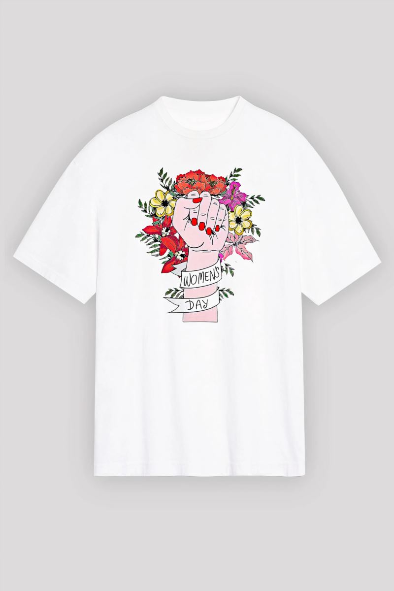 8 Mart Dünya Kadınlar Günü Baskılı Oversize Bisiklet Yaka T-shirt - Beyaz