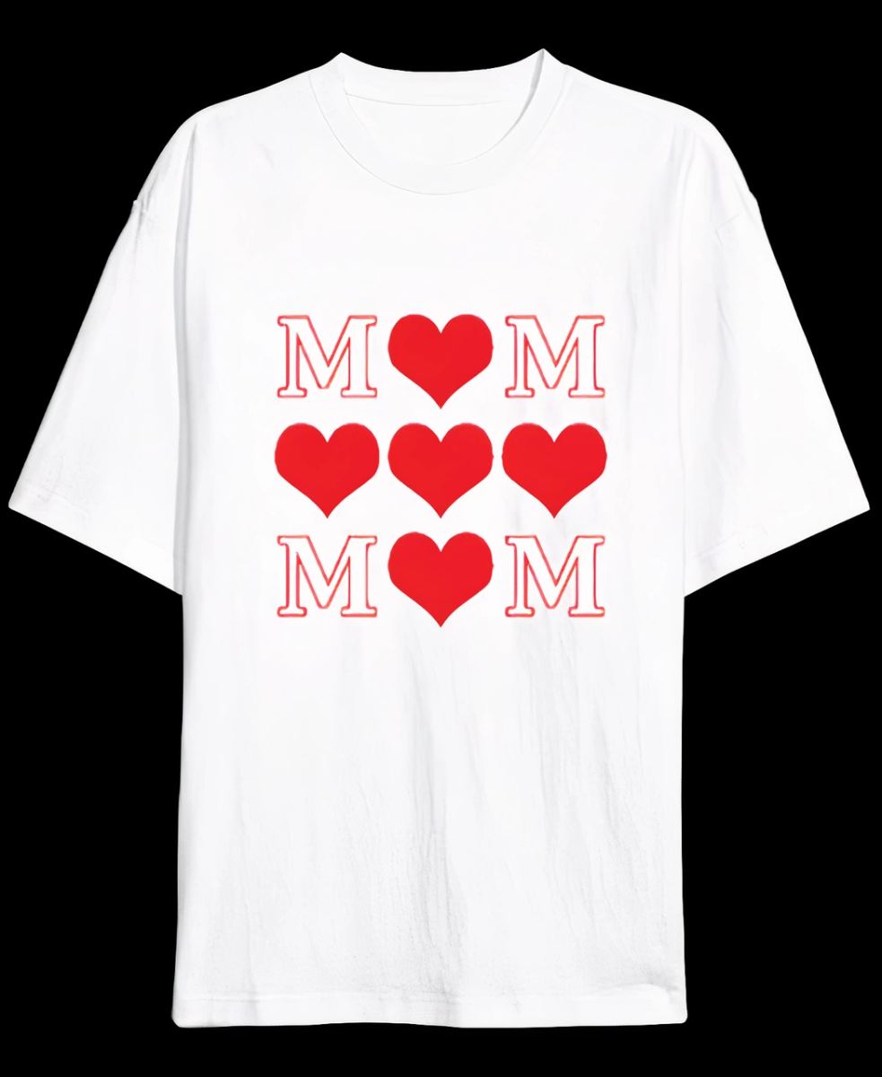 Anneler Günü Hediye MOM Kalp Baskılı Oversize Bisiklet Yaka T-shirt - Beyaz