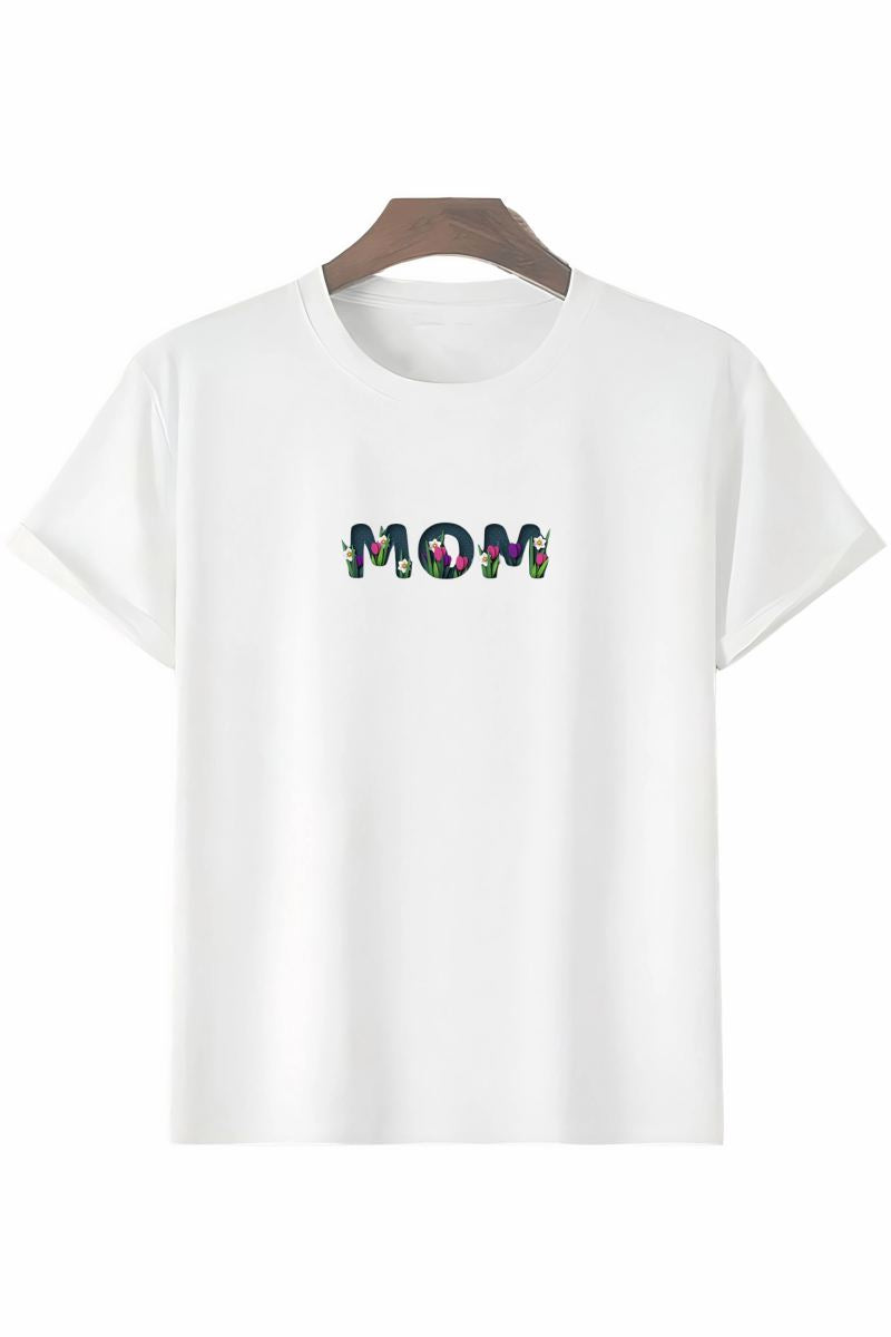 Anneler Günü Hediye Mom Çiçek Baskılı Oversize Bisiklet Yaka T-shirt - Beyaz