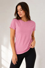 Kadın Basic Bisiklet Yaka Yazlık Slim fit T-Shirt - Pudra Pembe & Petrol Mavi