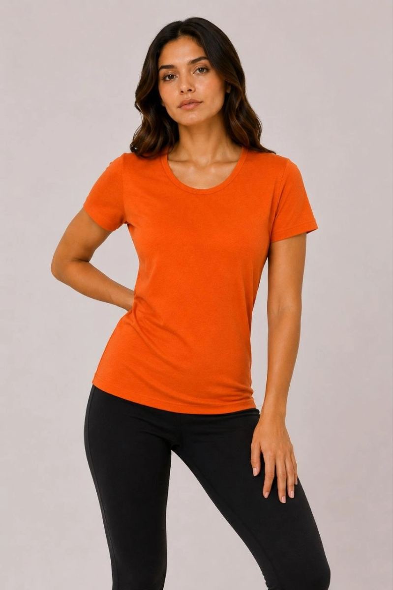 Kadın Basic Bisiklet Yaka Yazlık Slim fit T-Shirt - Pudra Pembe & Turuncu