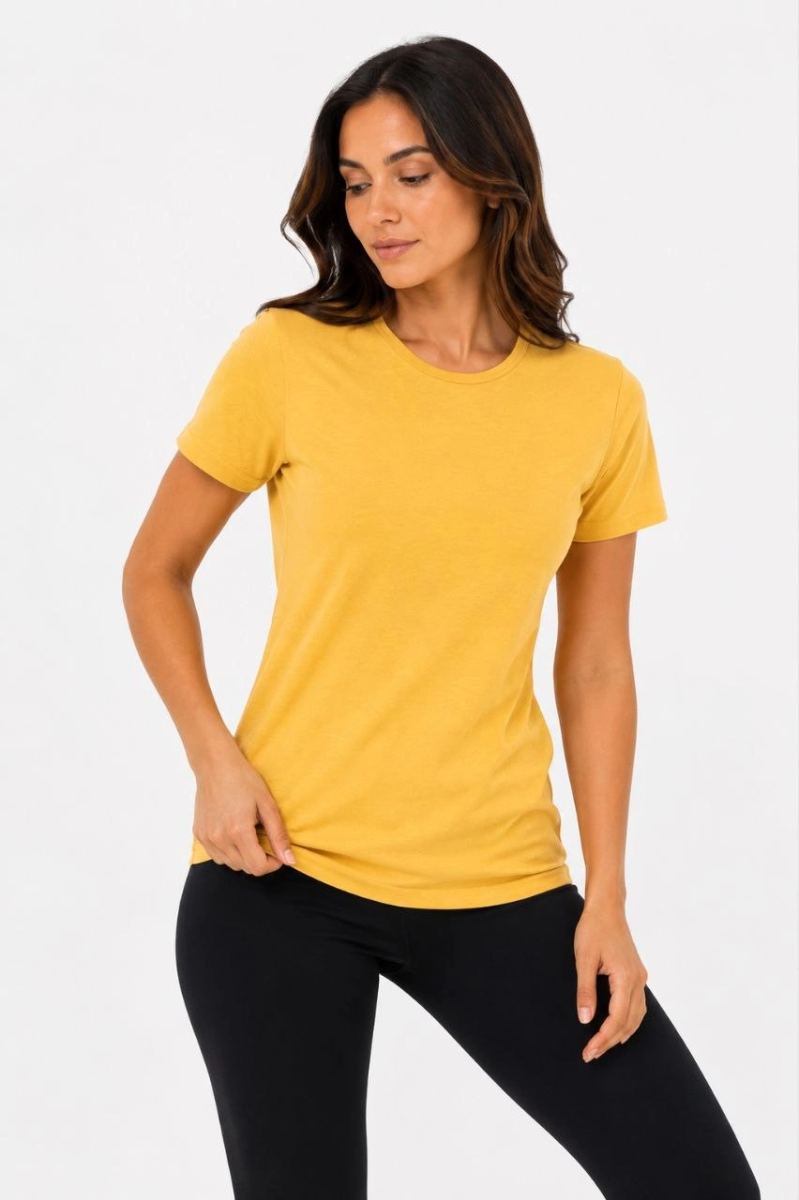 Kadın Basic Bisiklet Yaka Yazlık Slim fit T-Shirt - Mavi & Hardal Sarısı