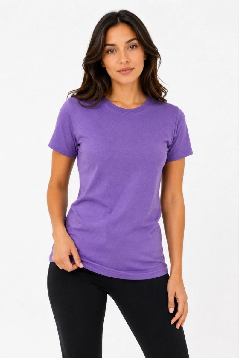 Kadın 3’lü Kısa Kollu Bisiklet Yaka Basic Slim Fit T-Shirt - Mor - Petrol Mavisi - Hardal