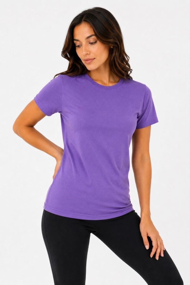 Kadın 3’lü Kısa Kollu Bisiklet Yaka Basic Slim Fit T-Shirt - Mor - Petrol Mavisi - Hardal