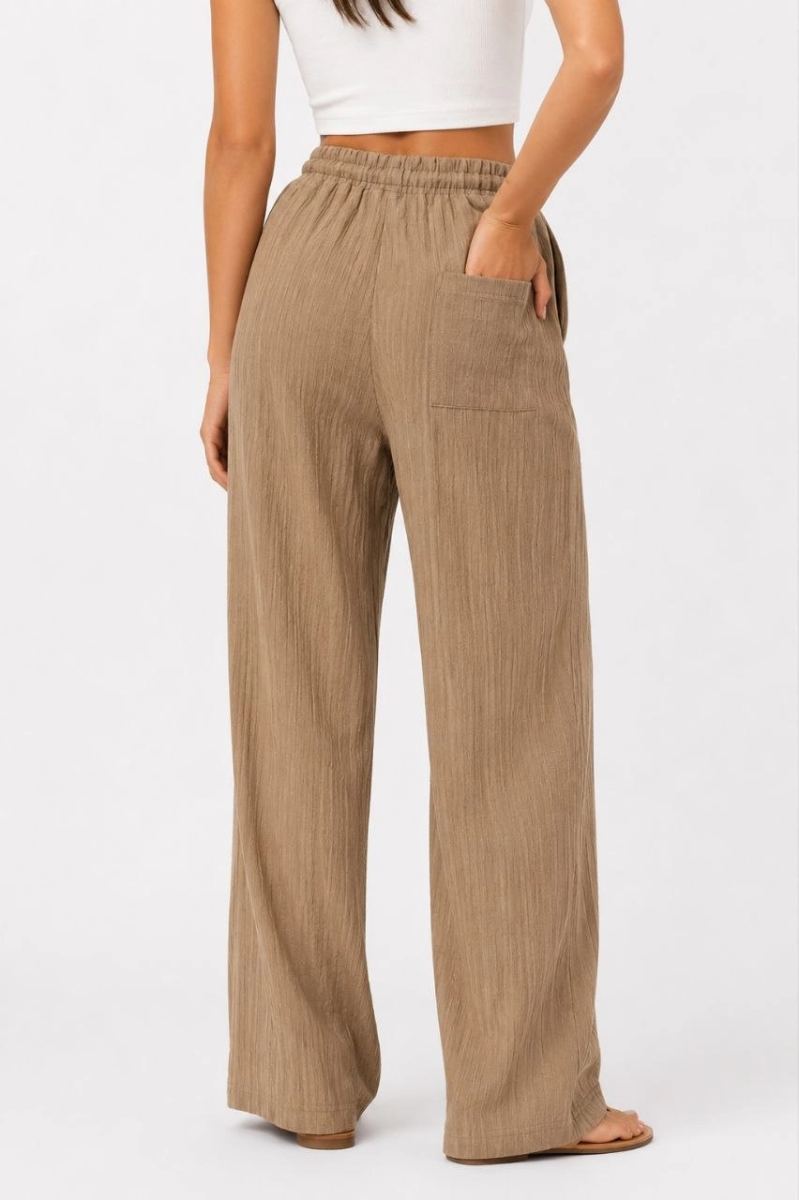 Kadın 2'li Bürümcük Kumaş Beli Lastikli Bağcıklı Bol Paça Pantolon - Beyaz/Vizon