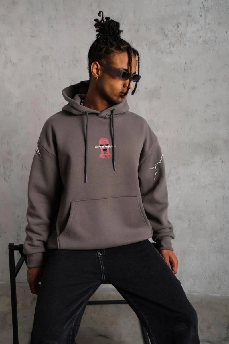 Erkek 3 İplik Pamuklu Kapüşonlu Baskılı Cepli Oversize Sweatshirt Hoodie - Gri