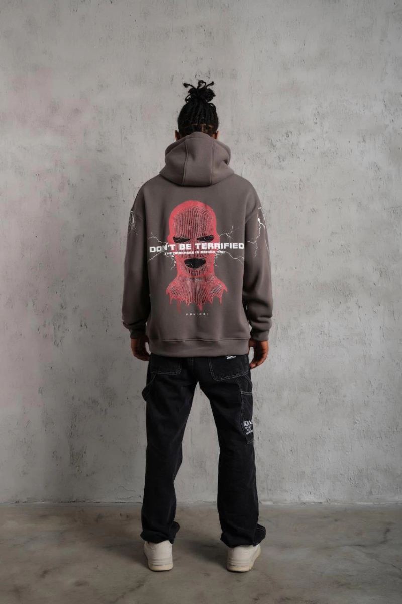 Erkek 3 İplik Pamuklu Kapüşonlu Baskılı Cepli Oversize Sweatshirt Hoodie - Gri