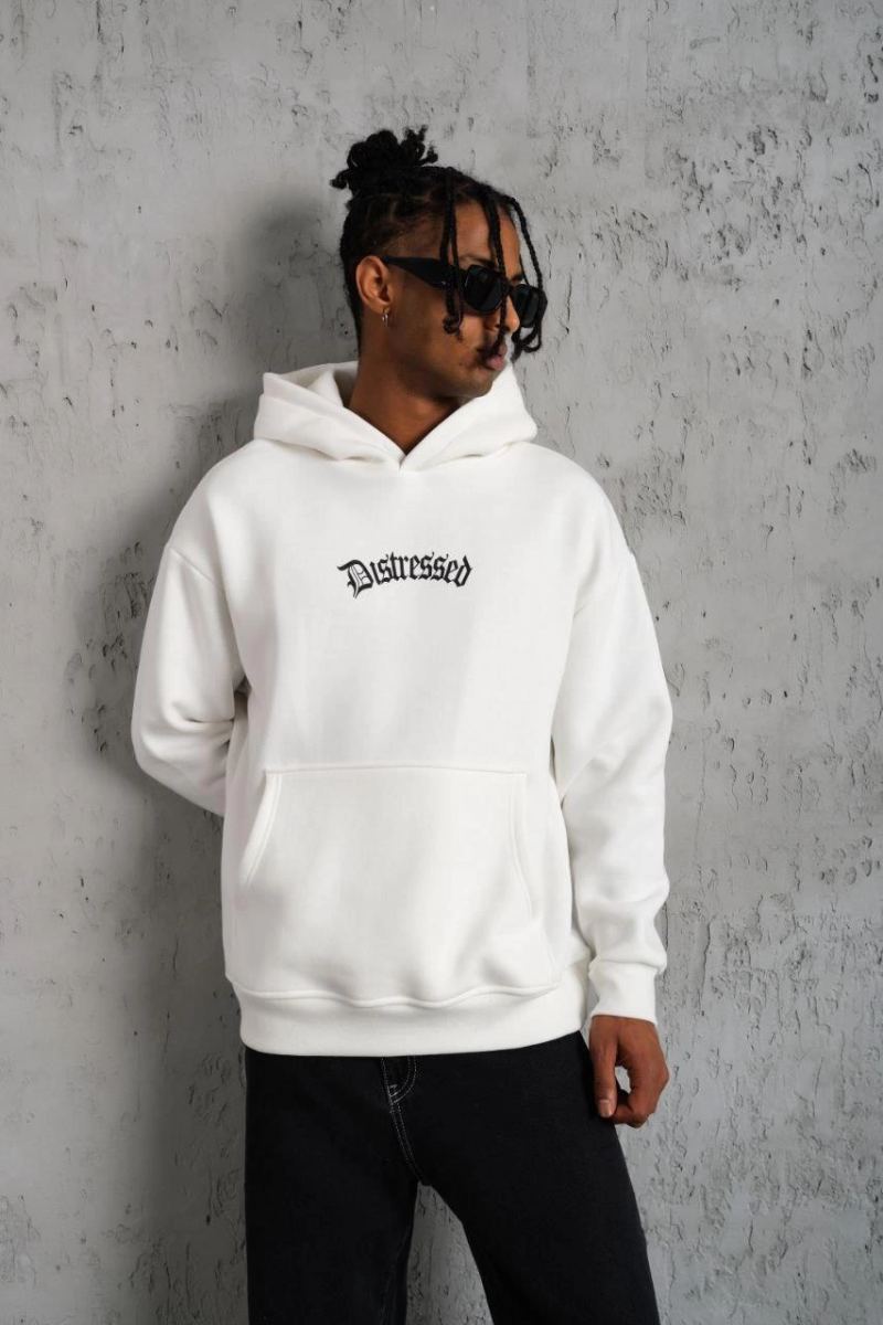 Erkek 3 İplik Pamuklu Kapüşonlu Baskılı Cepli Oversize Sweatshirt Hoodie - Beyaz