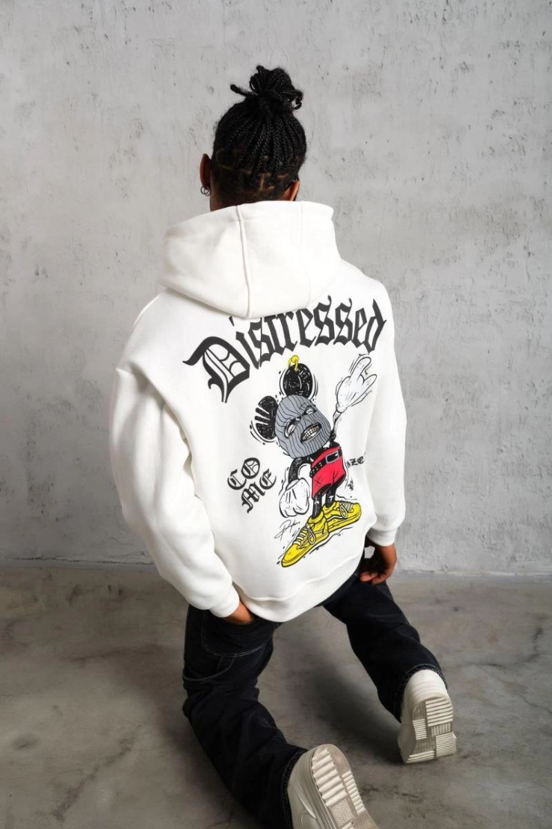 Erkek 3 İplik Pamuklu Kapüşonlu Baskılı Cepli Oversize Sweatshirt Hoodie - Beyaz