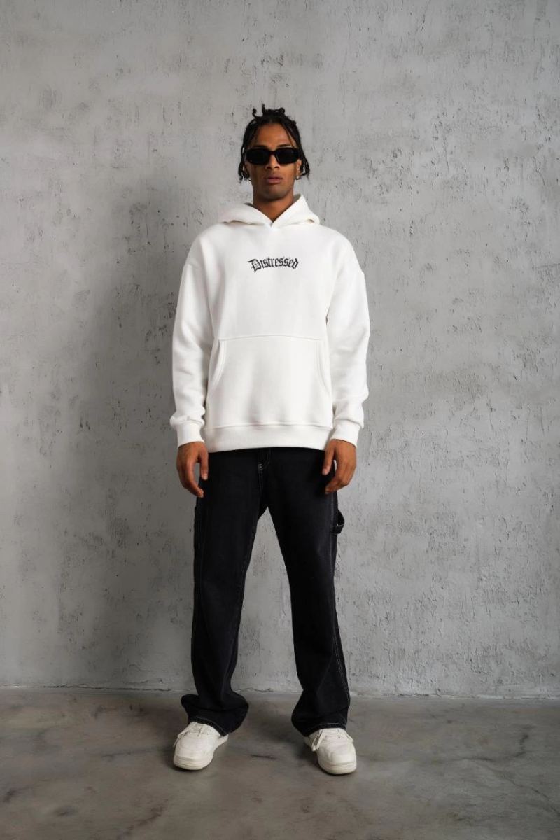 Erkek 3 İplik Pamuklu Kapüşonlu Baskılı Cepli Oversize Sweatshirt Hoodie - Beyaz