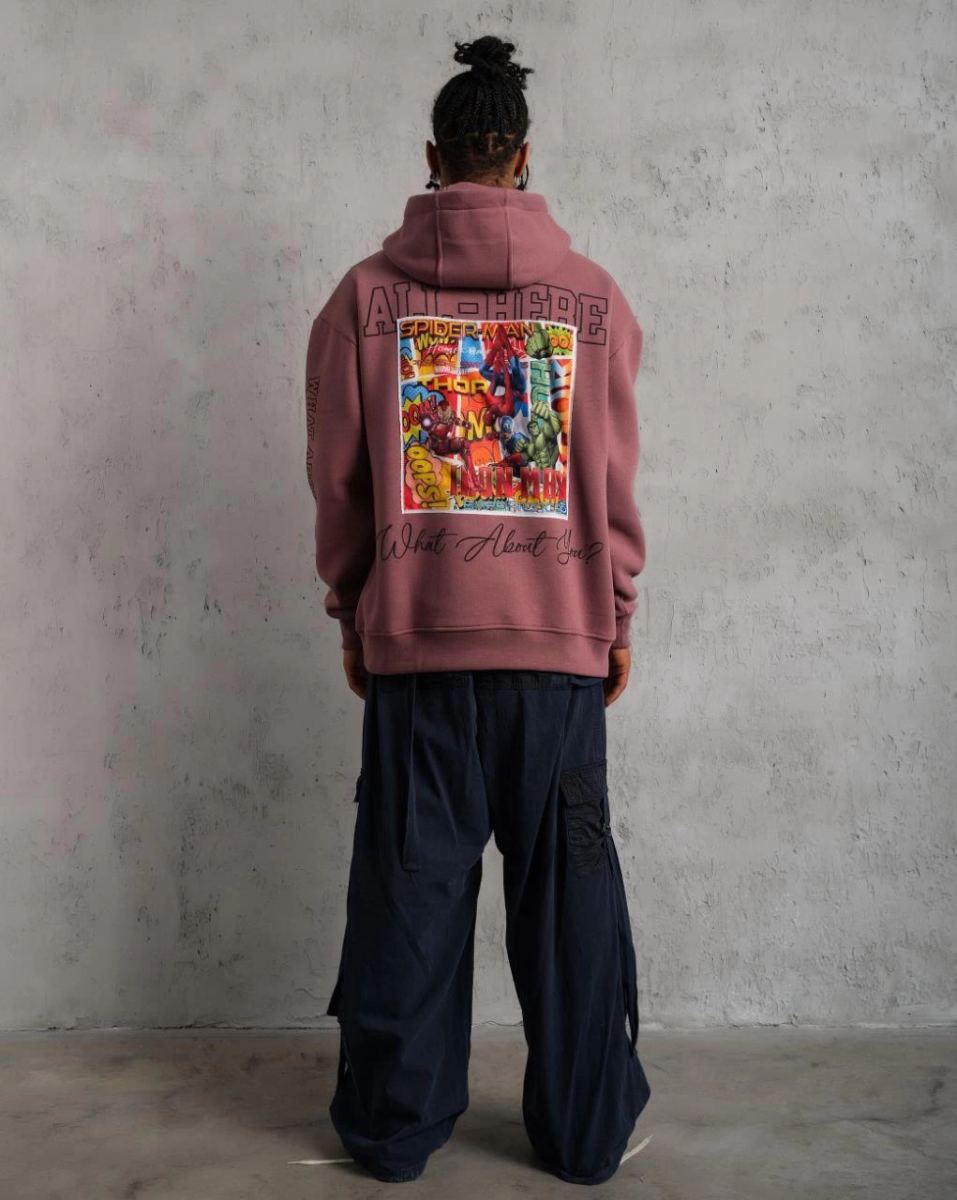 Erkek 3 İplik Pamuklu Kapüşonlu Baskılı Cepli Sweatshirt Hoodie - Gül Kurusu
