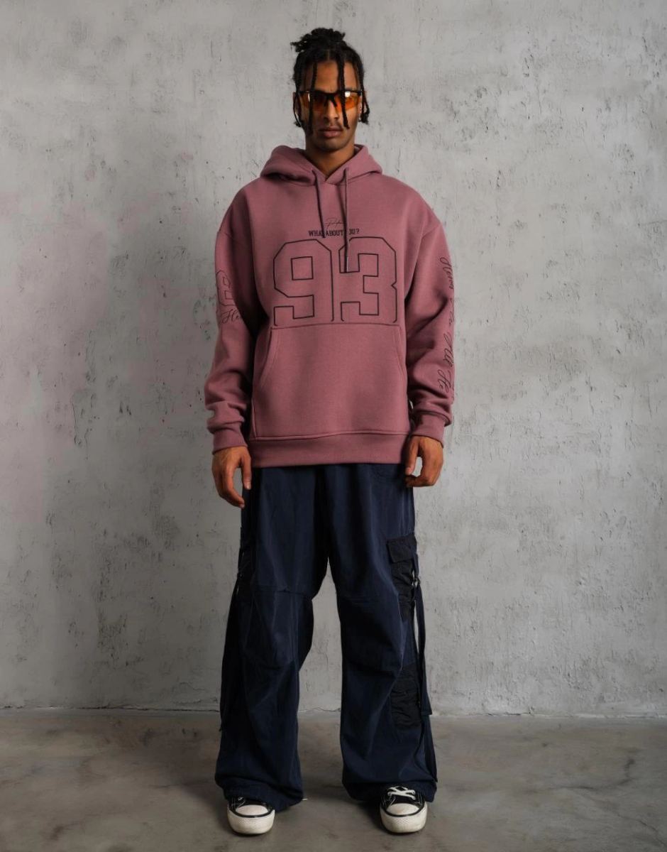 Erkek 3 İplik Pamuklu Kapüşonlu Baskılı Cepli Sweatshirt Hoodie - Gül Kurusu