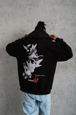 Erkek 3 İplik Pamuklu Kapüşonlu Baskılı Cepli Oversize Sweatshirt Hoodie - Siyah