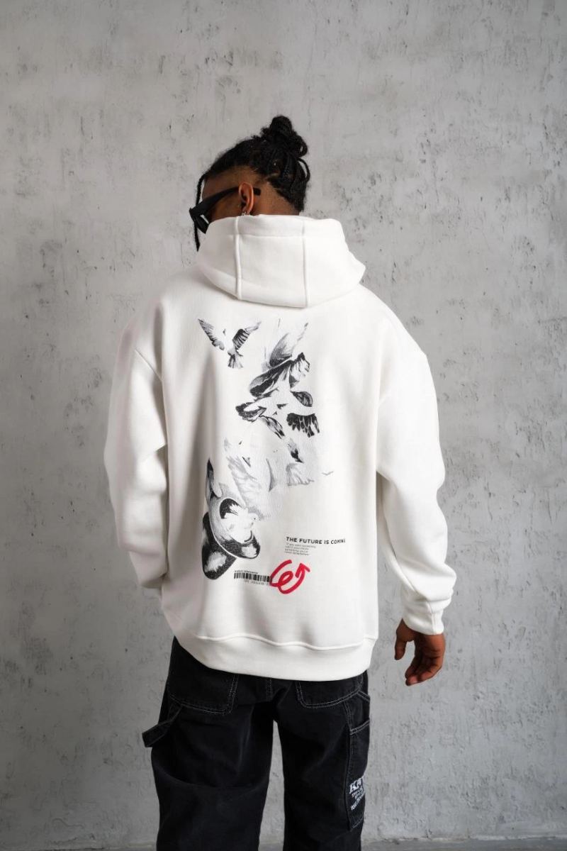 Erkek 3 İplik Pamuklu Kapüşonlu Baskılı Cepli Oversize Sweatshirt Hoodie - Beyaz