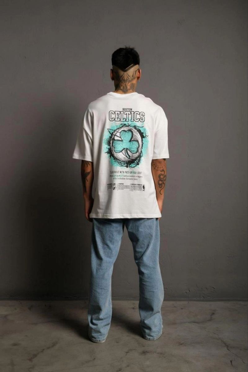 Erkek Kısa Kol Yazlık Tişört Bisiklet Yaka Baskılı Oversize T-Shirt - Beyaz