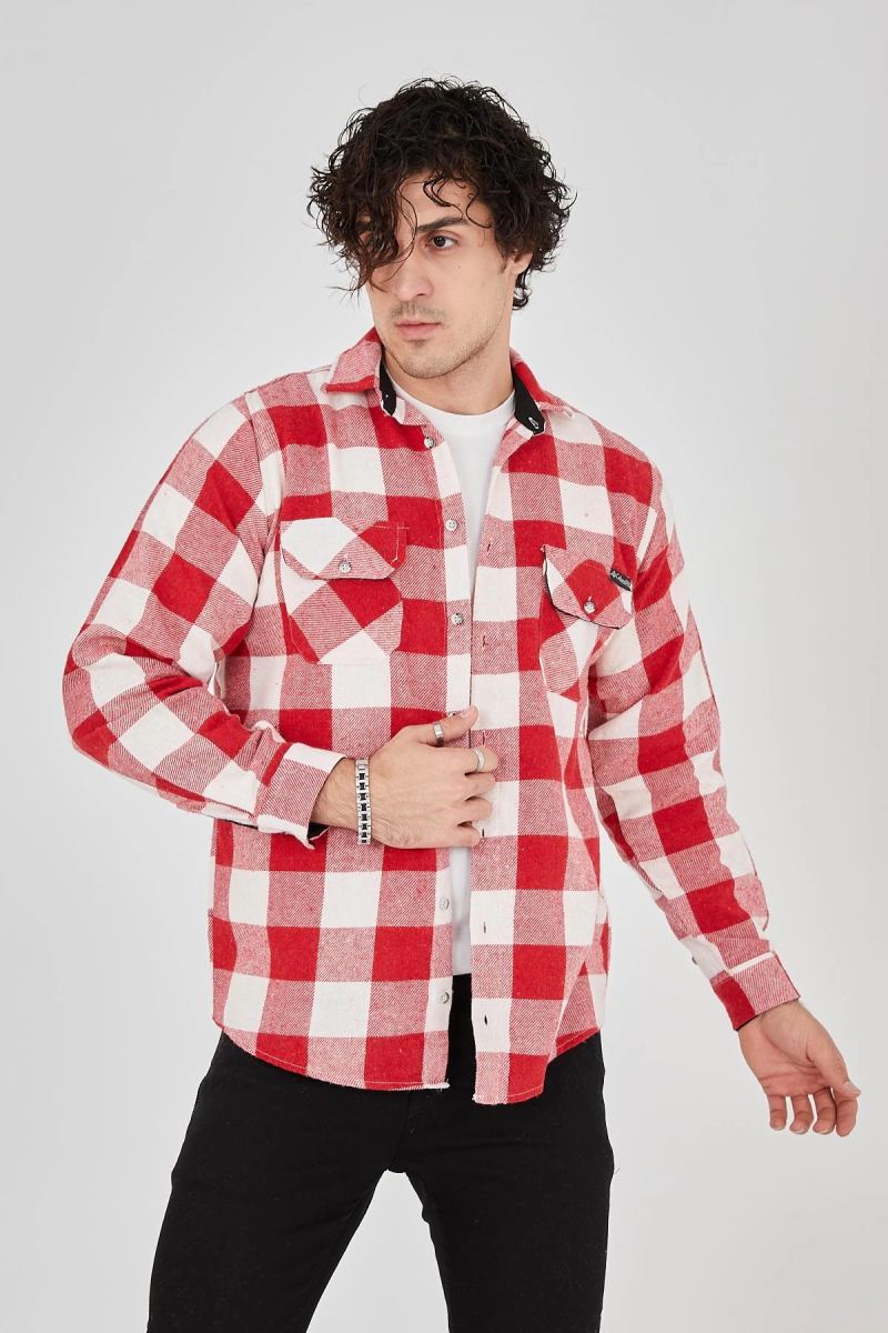 Erkek Oduncu Gömlek Uzun Kollu Şardonlu Kareli Desen Regular Fit Manşetli Çift - Pembe