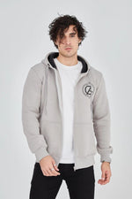 Erkek 3 İplik Pamuklu Fermuarlı Kapüşonlu Kanguru Cepli Baskılı Hoodie Hırka Sweatshirt - Boyalı Gri