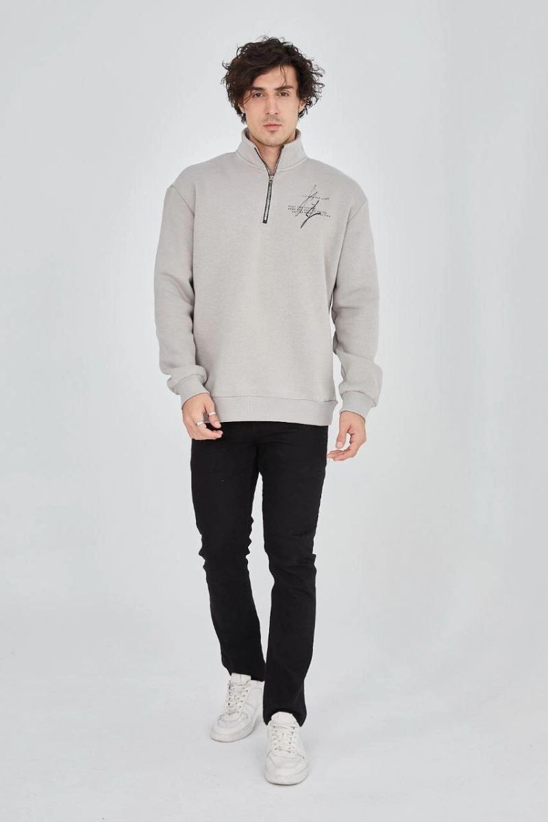 Erkek Yarım Fermuarlı Baskılı 3 iplik pamuklu sweatshirt - Boyalı Gri