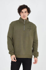 Erkek Yarım Fermuarlı Baskılı 3 iplik pamuklu sweatshirt - Yeşil