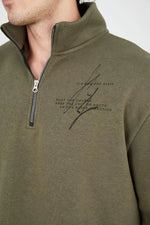 Erkek Yarım Fermuarlı Baskılı 3 iplik pamuklu sweatshirt - Yeşil