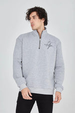 Erkek Yarım Fermuarlı Baskılı 3 iplik pamuklu sweatshirt - Gri