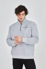 Erkek Yarım Fermuarlı Baskılı 3 iplik pamuklu sweatshirt - Gri