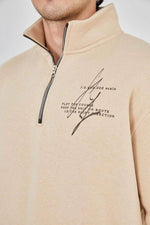 Erkek Yarım Fermuarlı Baskılı 3 iplik pamuklu sweatshirt - Bej