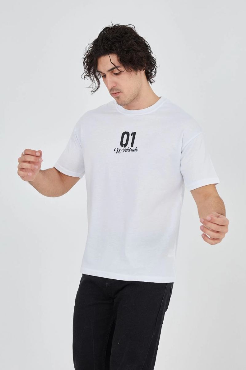 Erkek Baskılı T-Shirt Kısa Kol Bisiklet Yaka Regular Fit Rahat Kalıp Günlük Tişört - Beyaz