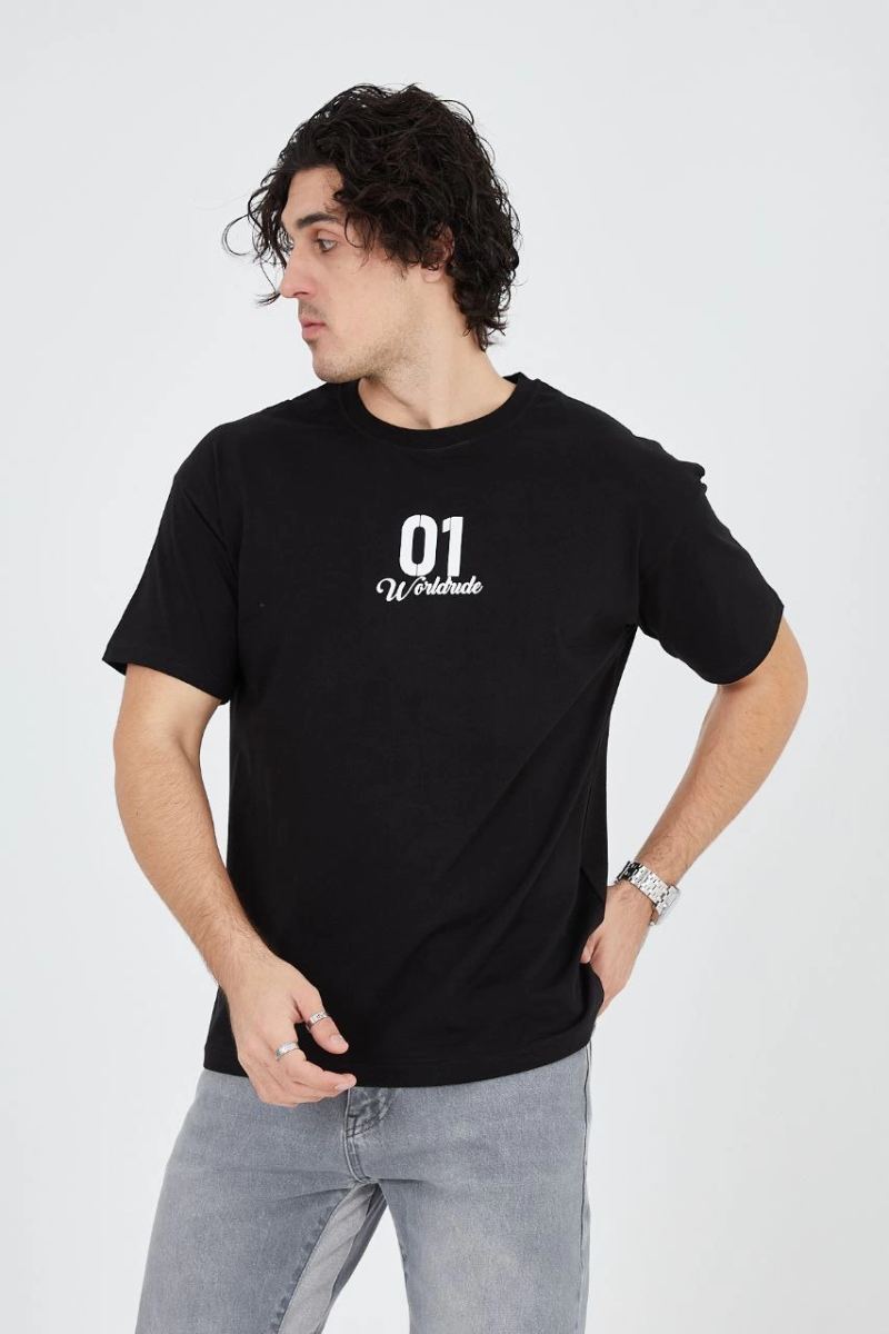 Erkek Baskılı T-Shirt Kısa Kol Bisiklet Yaka Regular Fit Rahat Kalıp Günlük Tişört - Siyah