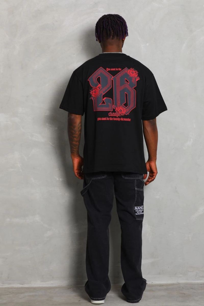 Erkek Baskılı Tişört Kısa Kol Bisiklet Yaka Oversize T-Shirt - Siyah
